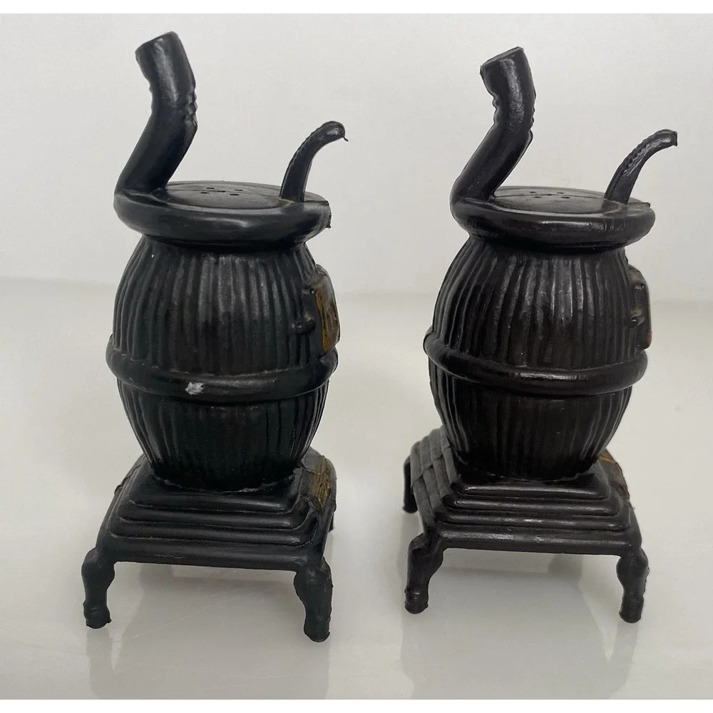 Vintage Pot Belly Stove Salt & Pepper Shakers Black Plastic with Stoppers